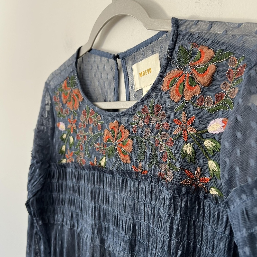 Maeve Dress Womens Small Blue Floral Embroidered Mesh Long Sleeve Swing Boho - Picture 4 of 9
